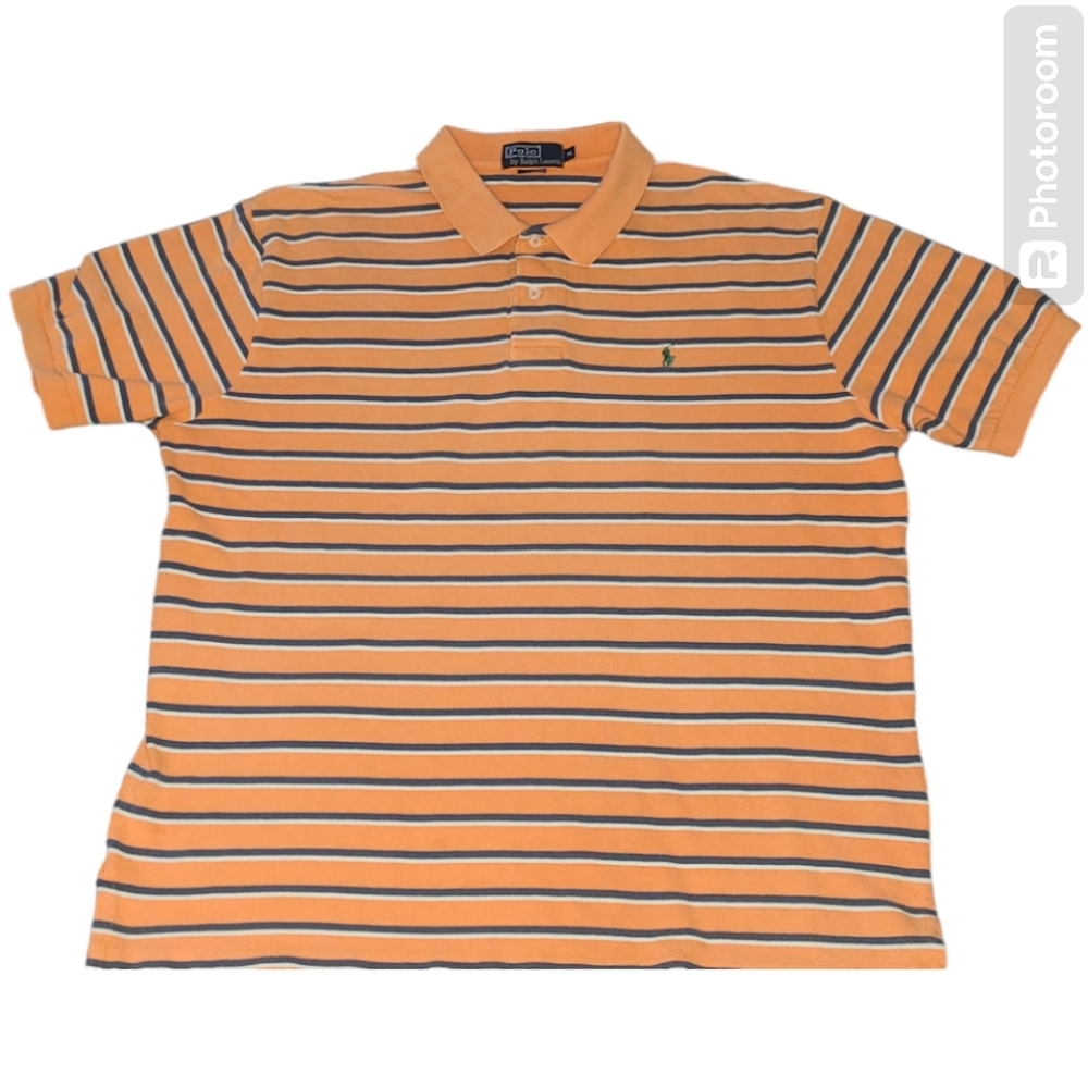 Vintage POLO by Ralph Lauren Polo Shirt Men's XL Orange White Blue Stripes flaw‎